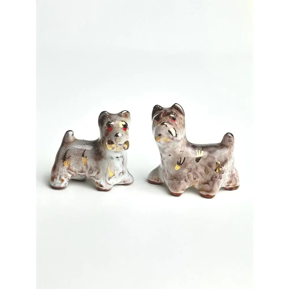 Vintage MCM Scottish Terrier pair miniature ceramic hand painted gold figurines